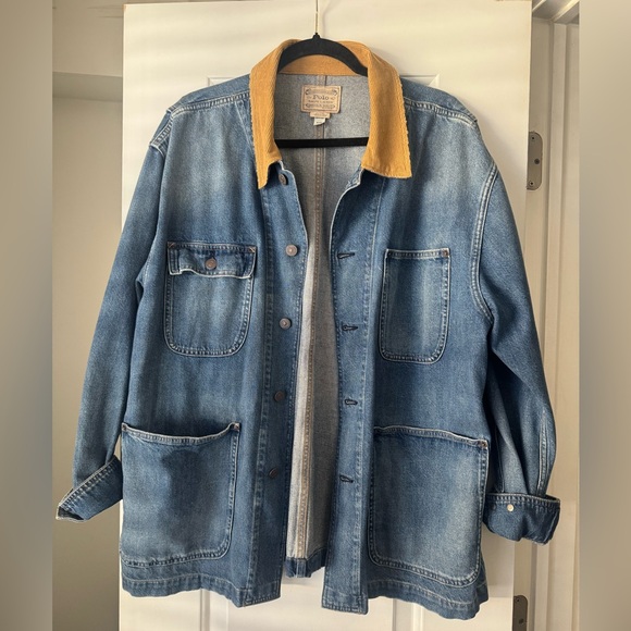 Ralph Lauren Blue Denim Shirt Jacket with Tan Collar